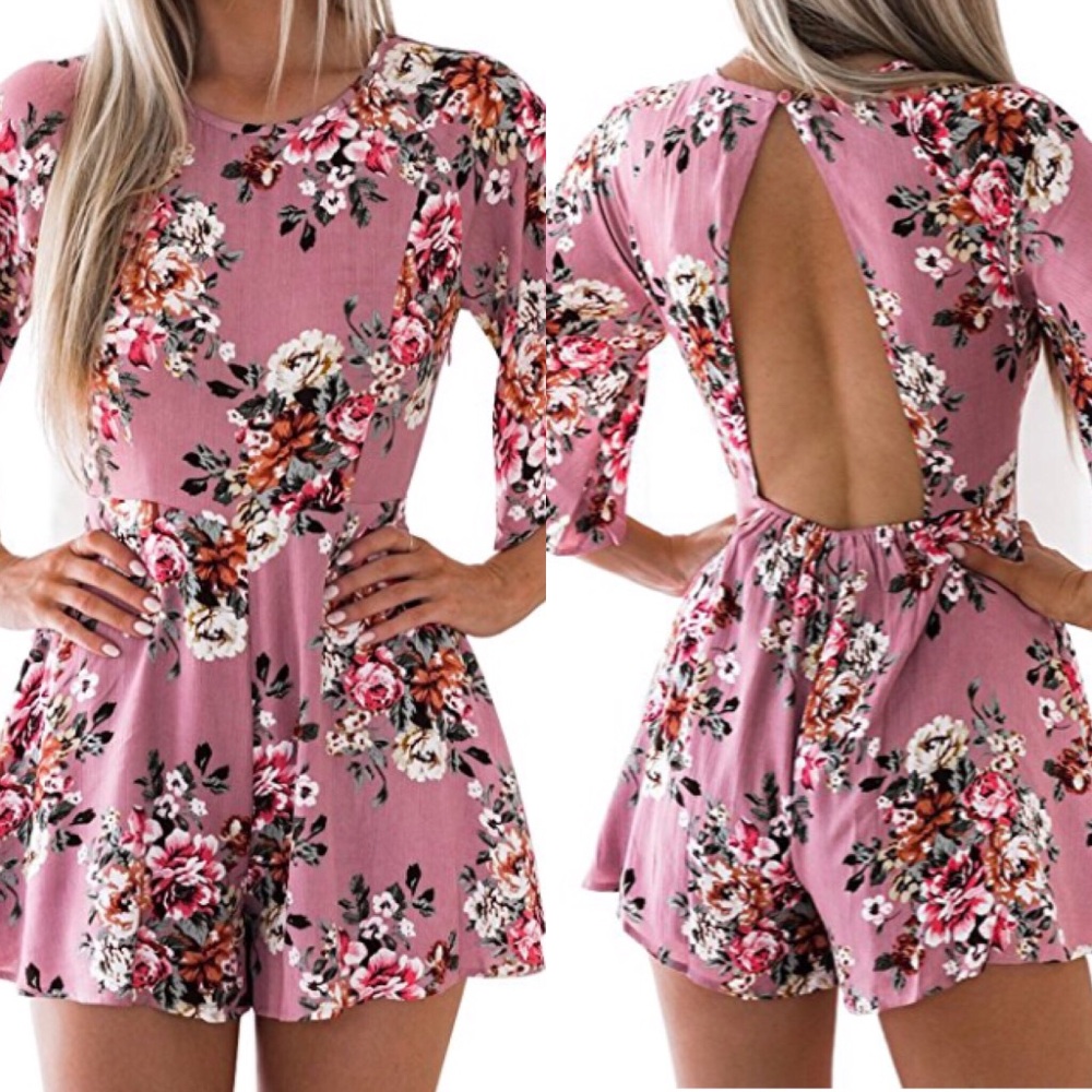 Pink/Purple Wide Sleeve Backless Floral Playsuit